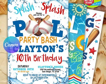 Editable Baseball Pool Birthday Party Invitation, Summer Pool Party, Sport Birthday Party, Baseball Invitation, Canva Editable Invitation