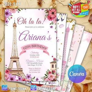Convite boho de aniversário de menina adolescente francesa ohh la la, torre eiffel de paris, bonjour, festa parisiense rosa boho. CANVA editável para impressão