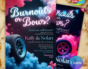 Editable Burnouts or Bows Gender Reveal Baby Shower Invitation, Girl or Boy, He or She Gender Reveal Invite, Burnouts or Bows Invitation