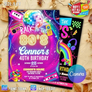 Invitation modifiable des années 80, invitation de fête d'anniversaire des années 80, retour dans les années 80, fête à la maison, invitation d'anniversaire néon lueur CANVA