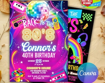 Editable 80s Invitation, 80s Birthday Party Invitation, Back to the 80s, House Party, Neon Glow Birthday Invite CANVA