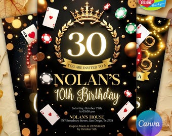 Casino Birthday Invitation, Casino Night, Casino Theme Birthday, Casino Retirement, Playing Cards Poker, 21st 30th 40th 50th, Editable Canva