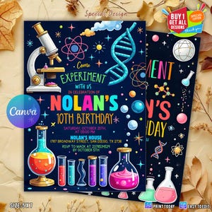 May include: A science-themed birthday invitation with a dark blue background. The design includes a microscope, DNA helix, and colorful beakers. Text reads "Come Experiment With Us" and "Nolan's 10th Birthday". The invitation is 5x7 inches.