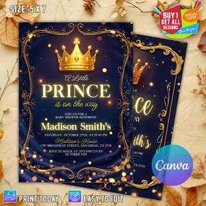 Modèle de toile d'invitation modifiable d'anniversaire royal du petit Prince, modèle de toile d'invitation de fête glam de paillettes d'or bleu royal, célébration d'anniversaire du roi prince