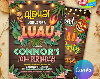 Luau Birthday Invitation, Luau Invitation, Hawaiian Birthday Invitation, Luau Party Invitation, Hawaiian Invitation Editable Luau Invitation