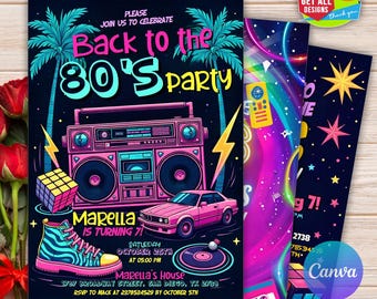 Editable 80s Invitation, 80s Birthday Party Invitation, Back to the 80s, House Party, Neon Glow Birthday Invite CANVA