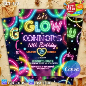Bearbeitbare Glow Party Geburtstagseinladung, Glow Einladung, Mädchen, Junge, Neon Party einladen, Neonlichter, Glow Party Vorlage Glow Birthday Canva