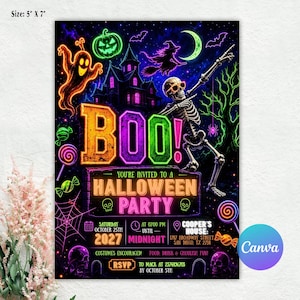 May include: A 5" x 7" Halloween party invitation featuring neon-colored graphics of a skeleton, a haunted house, a ghost, and a witch against a dark background. The text reads BOO! YOU'RE INVITED TO A HALLOWEEN PARTY, SATURDAY OCTOBER 25TH, 2027.