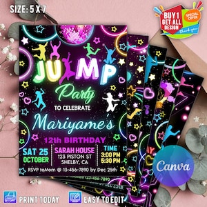 Editable Jump Birthday Party Invitation Tie Dye Jump Birthday Party Glow Jump Trampoline Party Let&#39;s Jump Party Instant CANVA