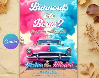 Editable Burnouts or Bows Gender Reveal Baby Shower Invitation, Boy or Girl, He or She Gender Reveal Invite, Burnouts or Bows Invitation