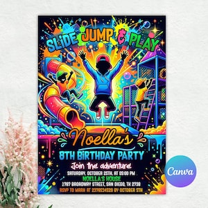 以下が含まれることがあります： SLIDE JUMP & PLAY、Noella's 8TH BIRTHDAY PARTYというテキストとイベント詳細が記載されたネオンカラーの誕生日招待状。グラフィックには、鮮やかなマルチカラーの背景を前に、滑り台やジャングルジムで遊ぶ3人の子供のシルエットが描かれています。