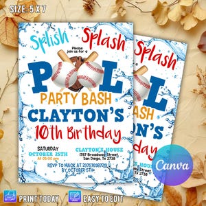 Invitation de fête d'anniversaire de piscine de baseball modifiable, fête d'été à la piscine, fête d'anniversaire de sport, invitation de baseball, invitation modifiable en toile