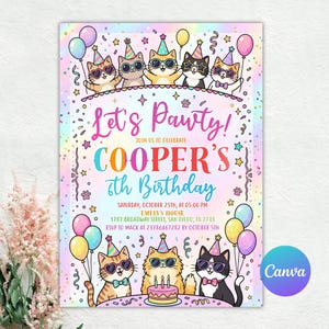 Puede incluir: Una tarjeta de invitación de cumpleaños rectangular con fondo holográfico que muestra gatos de dibujos animados con gorros de fiesta y gafas de sol. El texto dice: Let's Pawty! Join us to celebrate Cooper's 6th Birthday, Saturday, October 25th.