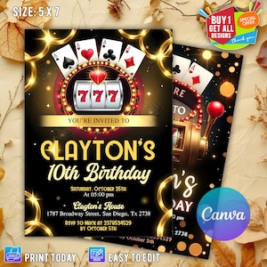 Bewerkbare casinoverjaardagsuitnodiging, 21e 30e 40e 50e pokerverjaardagsfeestje, casinonacht, pensioen casino, speelkaarten poker CANVA
