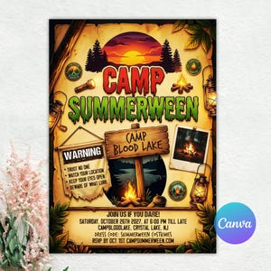 May include: A Camp Summerween event flyer featuring a sunset over pine trees, a wooden sign labelled Camp Blood Lake, a warning banner with text, a campfire, lanterns, and event details for Saturday, October 26th, 2027, at 6:00 PM in Crystal Lake, NJ.