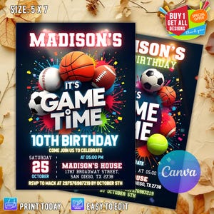 Editable Sports Invitation, Neon Sports Invites, Sport Theme Invite, Glow ALL STAR SPORTS Invitation Template Instant Download, Sports flyer