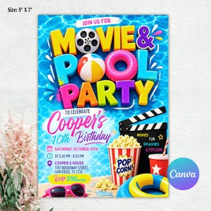 May include: A 5" x 7" digital invitation for a Movie & Pool Party celebrating Cooper's 10th birthday. The design features a blue water background, colorful 3D text, a film reel, a beach ball, a pink pool float, popcorn, and sunglasses.