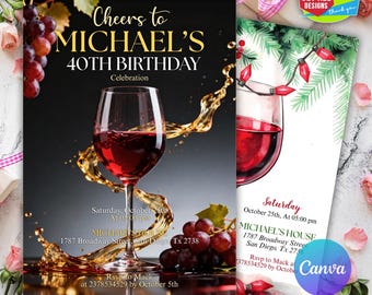 Op de afbeelding: Een 5x7 uitnodiging voor Michael's 40e verjaardag. Het ontwerp toont een wijnglas met rode wijn, druiven en de tekst "Cheers to MICHAEL'S 40TH BIRTHDAY." Bevat evenementdetails en een tweede uitnodigingsontwerp.