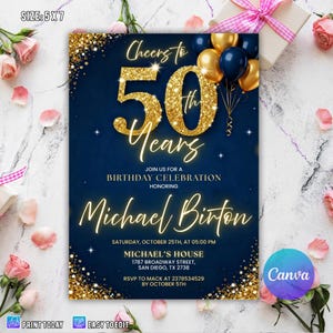 May include: A navy blue 5x7 inch (12.7 x 17.8 cm) birthday invitation with gold glitter accents. The invitation reads "Cheers to 50 Years" and includes details for Michael Birton's birthday celebration.