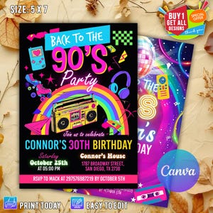 Faire-part rétro des années 90 et 80, modèle de toile modifiable, anniversaire personnalisé, téléchargement immédiat, invitation imprimable, invitation des années 90, toile
