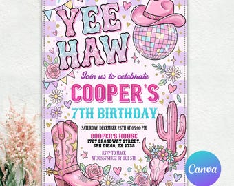 Invito di compleanno da cowgirl rosa, invito di compleanno "Yee Haw Space Cowgirl", biglietto per festa a tema western/discoteca, modello Canva