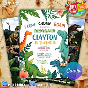 Convite de aniversário de dinossauro editável, 6º aniversário, convites de aniversário de T-Rex, modelo de convite de aniversário de menino, Canva