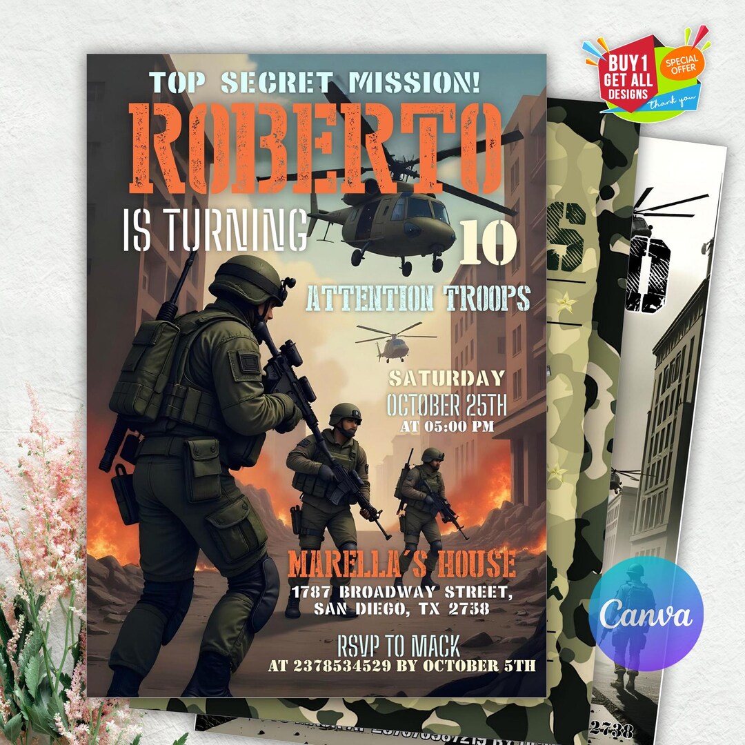 Army Birthday Invitation, Military Party Invitation, Soldier Birthday ...