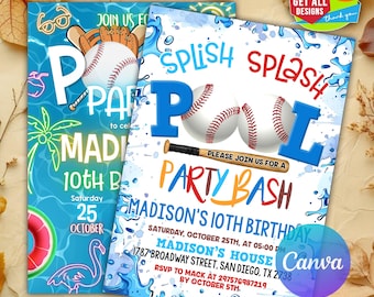 Editable Baseball Pool Birthday Party Invitation, Sport Birthday Party, Baseball Invitation, Canva Editable Invitation, Summer Pool Party