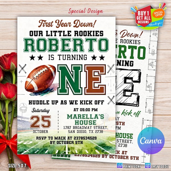 First Year Down Birthday Invite, Football 1st Birthday Invitation, Editable Canva Template