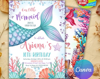 Può includere: Un invito stampabile per una festa di compleanno di 10 anni a tema sirenetta. L'invito presenta una coda di sirena colorata con un design viola e blu. Il testo sull'invito recita "Our Little Mermaid" e "Ariana's 10th Birthday".