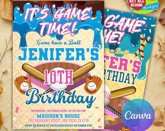Invitación de cumpleaños con temática de béisbol, acceso y descarga instantáneos, plantilla digital editable de Canva, invitación de cumpleaños con temática de béisbol con temática de helado.