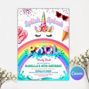 Pool Party Bash Invitation, EDITABLE Swimming Birthday Party Invite, Rainbow Unicorn Float, Summer Girl Birthday, Instant Download