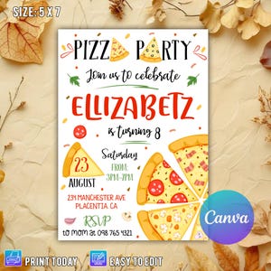 Bearbeitbare Pizza Party Geburtstagseinladungsvorlage, druckbare Geburtstagsfeiereinladungen, digitale Bday Party laden Vorlage CANVA