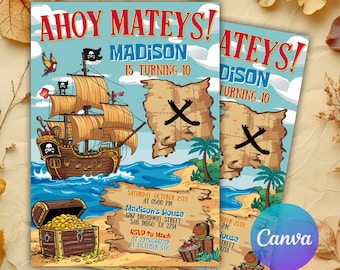 May include: Ahoy Mateys! Pirate-themed birthday party invitation with a cartoon ship, treasure chest, and map. The invitation is for Madison's 10th birthday party. The party is on Saturday, October 25th at 5:00 PM at Madison's House, 1787 Broadway Street, San Diego, TX 2738. RSVP to Mack at 237576487219 by October 5th.