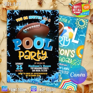Football Pool Party Invitation, Pool Party, Football team party, Boy Sports Summer Birthday Invite, Football Pool Party Editable with CANVA