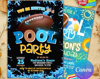May include: Two 5x7 inch pool party invitations. One features a football and the words "Pool Party". The other says "Let's Celebrate" with a beach ball and a sun. Includes event details and "Buy 1 Get All Designs" offer.