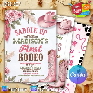 First Rodeo Girl Birthday Invitation, Cowgirl Western Printable Invitation, Editable 1st Birthday Invitation, Pink Birthday Party Invitation
