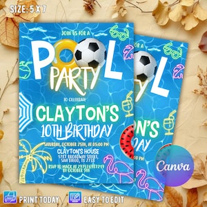 May include: A blue and yellow pool party invitation with neon accents. The invitation says "Join us for a Pool Party to celebrate Clayton's 10th Birthday".