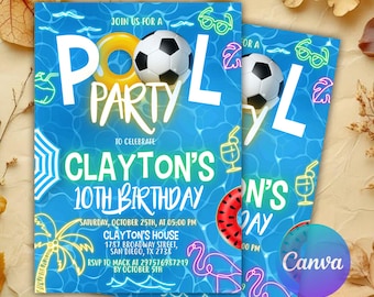 Soccer Pool Party Invitation, Boy Pool Party, Soccer and Pool Party Invite, Swimming Party, Instant Download, Digital CANVA