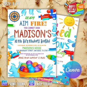 Invitation d'anniversaire modifiable de pistolet à eau, invitation de pistolet à eau, anniversaire de pistolet à eau de Splash Party avec toile, jeu d'eau