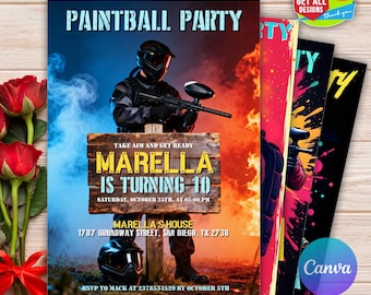 Invito a tema paintball, invito a tema compleanno paintball, festa di compleanno paintball, download immediato, stampabile, modificabile, paintball canva