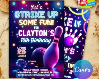 Invitación de cumpleaños de bolos, comencemos a divertirnos, invitación de bolos EDITABLE, invitación de cumpleaños de bolos para niñas, Canva