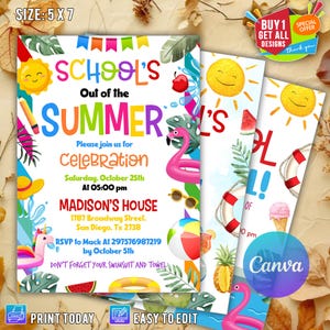 Vaarwel school hallo zwembaduitnodigingsjabloon, afdrukbare zomeruitnodiging einde schoolfeest, bewerkbare zomervakantieuitnodiging, canvas