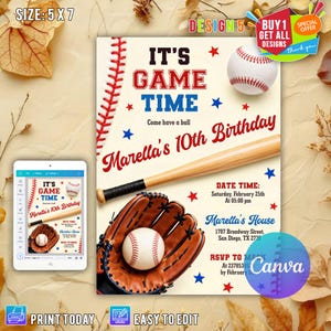 Editable Baseball Birthday Invitation, Baseball Invites, Instant Download Baseball Invitations, Digital File CANVA