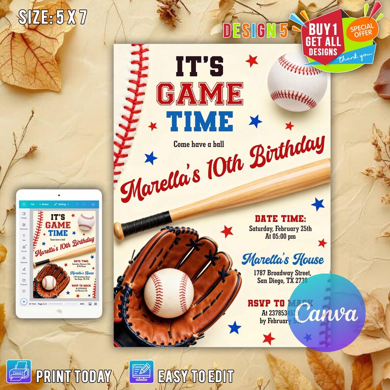 Editable Baseball Birthday Invitation, Baseball Invites, Instant Download Baseball Invitations, Digital File CANVA