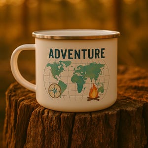 Enamel Camping Mug with Adventure World Map – Custom Enamel Mug – Gift for Travelers, Outdoors, Camping & Adventure Lovers, Hiking, Travel