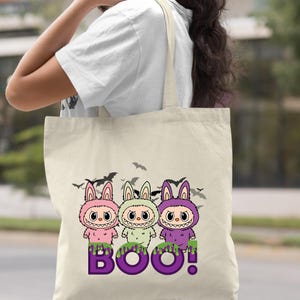 Labubu tote bag 100% cotton medium 15x16 inches tote bag cute spooky tote bag adult tote bag groceries books tote bag cute monster