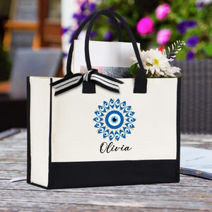 Custom Evil Eye Tote Bag, Boho Tote Bag, Reusable Tote Bag, Tote Bag With evil eye, Beach evil eye protection tote bag, Beach Bag