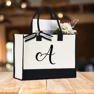Personalized Monogram Embroidery Cotton Canvas Beach Tote Bag Initial Tote Bridesmaid Gift Tote Custom Beach Bag Gift for Her A-Z - Black