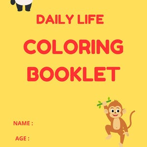 Peut inclure: Une couverture de livre de coloriage jaune avec le titre "Mon quotidien en coloriage" en rouge. Il y a un panda et un singe sur la couverture.